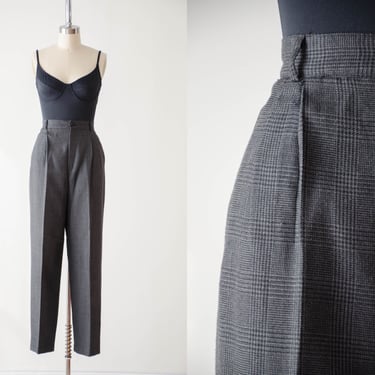 high waisted pants | 80s 90s vintage black gray checkered plaid dark academia trousers 
