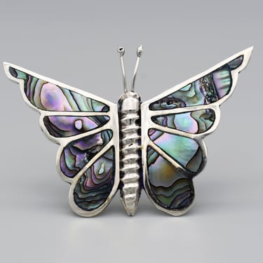 Early 80's Taxco sterling abalone Modernist butterfly brooch, big TR-18 Mexico 925 silver industrial insect pin 