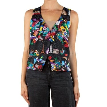 1990S Nicole Miller Silk World Traveler Print Vest 