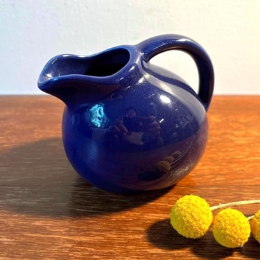 Vintage MCM Hall Pottery American Classic Deep Cobalt Blue Glaze Mini Tilt Jug Pitcher | Small Ball Creamer Pourer Retro Ceramic Flower Vase 
