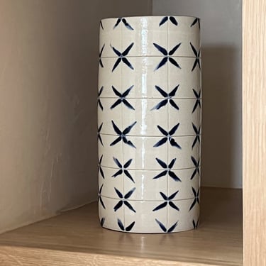 Handmade Ceramic Cylinder Vase in Gridded Tiles