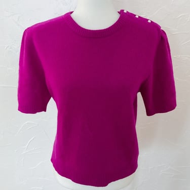 80s Magenta Pink Short Sleeve Pearl Buttons Sweater | Medium/Large 