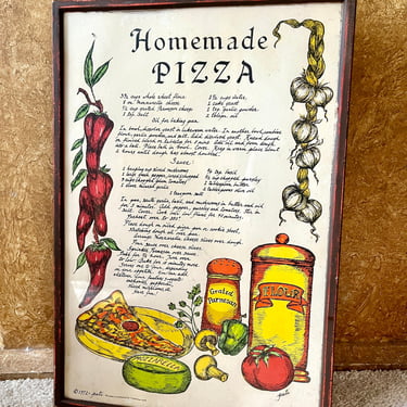 Pizza Recipe Wall Decor, Dated 1972, Distressed Frame, Kitchen, Dining, Vintage 
