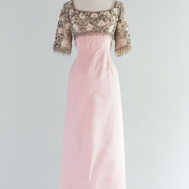 Stunning 1960's Heavily Beaded Pastel Pink Silk Evening Gown / S/M