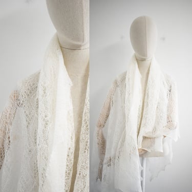 Vintage Cream Lacy Open Knit Shawl 