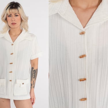 Toggle Button Shirt White Boho Blouse 70s Top Button Up Short Sleeve Top Dagger Collar Bohemian Top Hippie Vintage 1970s Pocket Large L 