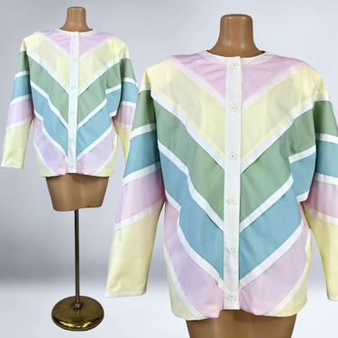 VINTAGE 80s Pastel Rainbow Striped Chevron Jacket by Marguerite Rubel Sz 16 | 1980s Patchwork Quilted Color Block Coat Plus Size | VFG 