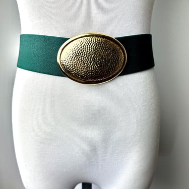 70’s wide jewel dark green belt ~Large shiny Gold oval buckle~ stretchy Cincher style Women’s belts 1970’s fashion / Size M-LG 