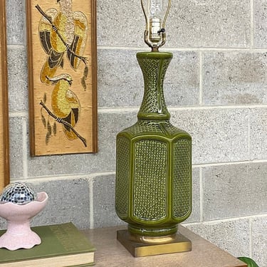 Vintage Table Lamp Retro 1960s Mid Century Modern + Green + Ceramic + Woven Design + Mood Lighting + Home and Table Decor + MCM Light 