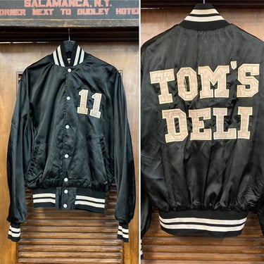 Vintage 1960’s “Tom’s Deli” Black Background Bomber Jacket, 60’s Bomber Jacket, 60’s Satin Bomber, 60’s Jacket, Vintage Clothing 