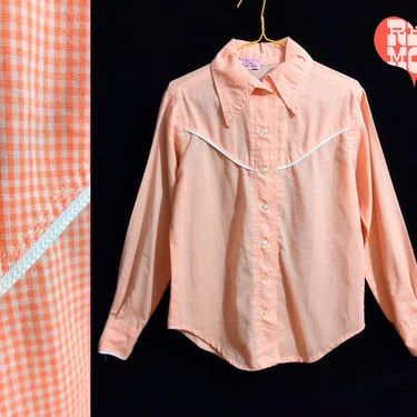 Vintage 60s 70s Pastel Orange Gingham Long Sleeve Dagger Collared Shirt 