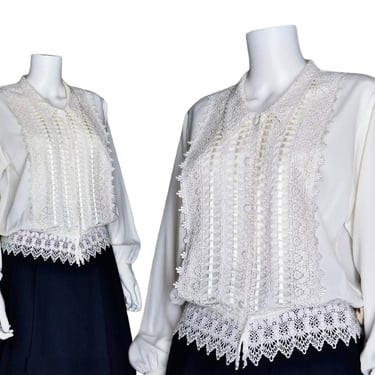 Vintage Embroidered Button Blouse, Medium / Ivory White Renaissance Style Poet Blouse / Pointy Collar Blouson Dress Shirt 
