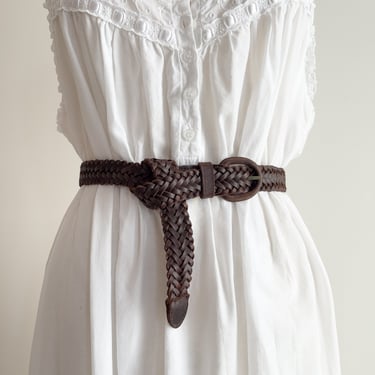 brown braided leather belt 90s vintage dark brown woven belt 