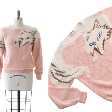 Vintage 1980s Sweater | 80s Knit Sequin Fox Light Pink Rayon Statement Animal Graphic Novelty Print Long Sleeve Top (small/medium) 