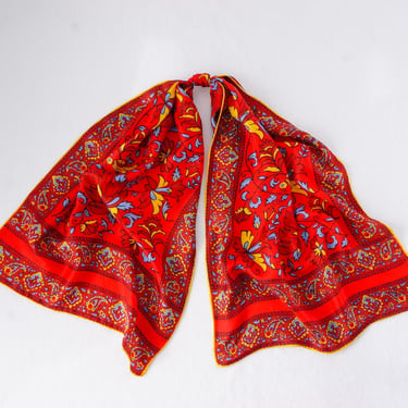 Vintage Silk Scarf Red Floral Bird Print Scarf Long Rectangle Scarf Neck Scarf Vintage Style Hair Scarf for Handbag Tie Scarf Boho Paisley 