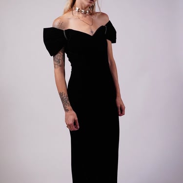 Velvet Off Shoulder Dress 80s Black Cocktail Dress Vintage Pencil Evening Dress Rhinestone Sleeves 