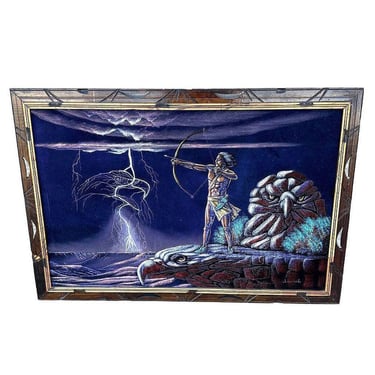Mid-century Native Archer & Eagle Oil Velvet in Carved Frame by Ernesto Sanchez 