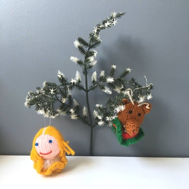 Knit reindeer and golden haired girl ornaments - vintage 1980s handmade 