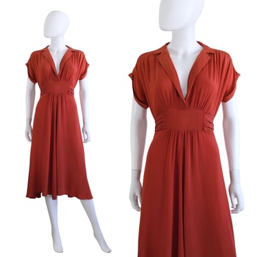 1940s Cinnamon Orange Crepe Swing Dress - 1940s Fall Dress - 1940s Orange Dress  - Vintage Swing Dress - 1940s VOLUP Dress  | Size Large 