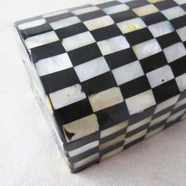 Vintage Black White Shell Mother of Pearl Checkerboard Jewelry Box - Lacquered Velvet Lined Keepsake Box 