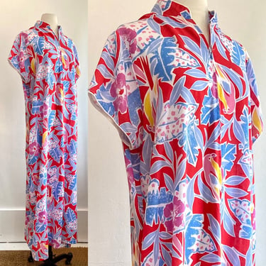 Vintage 60s Floral TROPICAL CAFTAN Robe / Parrots + Palm Leaves / Carole 