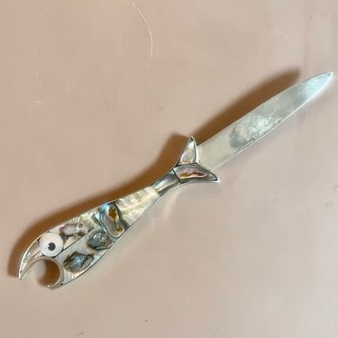 Mexican Alpaca Silver & Abalone Fish Bottle and Letter Opener - Vintage Mid Century 