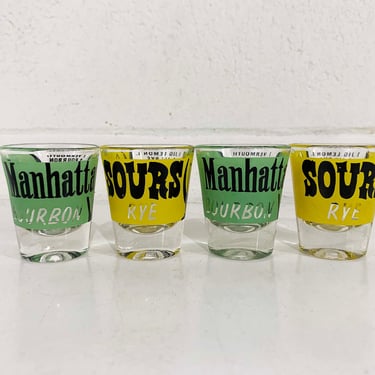 Vintage Mid Century Shot Glasses Colorful Barware Set of 4 Manhattan Sours Cocktail Recipe Glass Drinkware Federal 1960s 