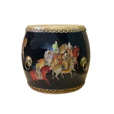 Handmade Small Round Low People Horses Graphic Drum Shape Table cs7413E 