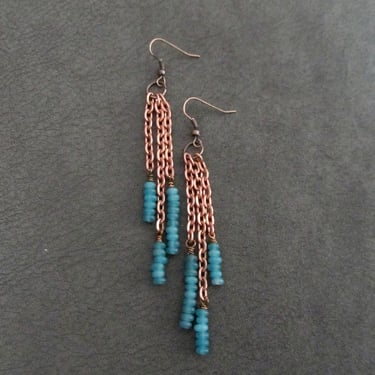 Copper industrial chain and frosted glass earrings 
