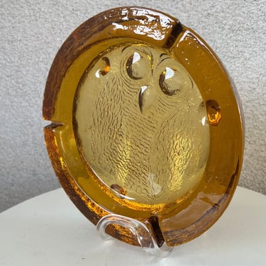 Vintage 1970s Amber yellow Blenko heavy glass large ashtray with Owl theme 