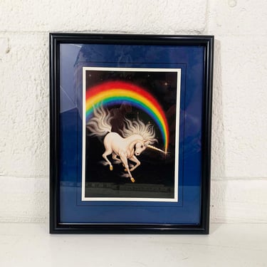 Vintage Framed Unicorn Wall Art Rainbow K Chin Mystical Fantasy Mid-Century Black Frame 1980s 1970s Wall Decor Nursery Kids 