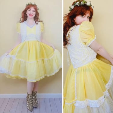 1970s Vintage Yellow Swiss Dot Flocked Dress / 70s Lace and Tulle Vest Puffed Sleeve Party Dress / Size XL - 1X 