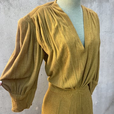 Vintage 1930s 1940s Chartreuse Terry Cloth Cotton Dress Long Puff Sleeves Full