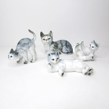 Vintage Enesco Cat and Kittens Figurine Set of 4 Gray Tabby 1984 