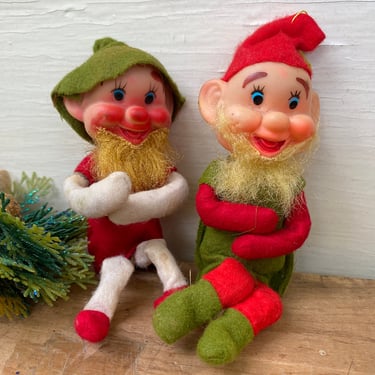 Vintage Knee Hugger Elves, Bearded Elf Brothers, Christmas Ornaments, Shabby Christmas Elves, Old Elves 