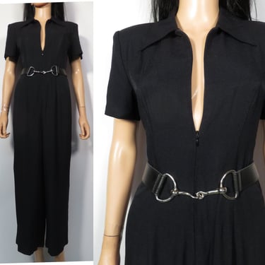 Vintage 90s Black Jumpsuit With Chunky D Ring Belt Made In USA Size S/M 