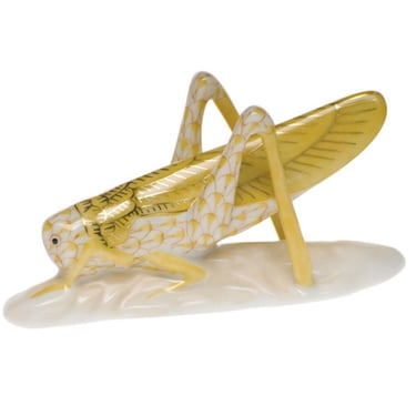 Herend figurine yellow fishnet grasshopper. Hand painted Hungarian porcelain insect, Gift for Collector 