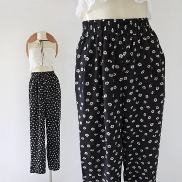 micro daisy trousers - 27-30 - vintage 90s y2k black floral elastic waist boho size small pants high waist flat front rayon 