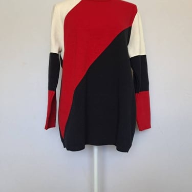 Vintage 1990's Karen Lessly Color Block Red Ivory and Black Crew Neck Tunic Sweater 