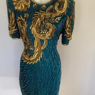 80's Vintage gold sequin dress, gold beaded dress, beaded gatsby dress, green sequin dress, holiday dress short sleeves medium m 8 