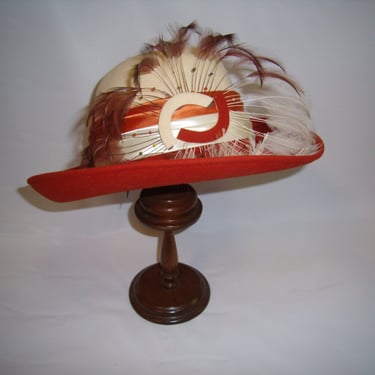 Vintage 60s 70s Color Block Wool Felt Hat Feathers Mr. Charles 