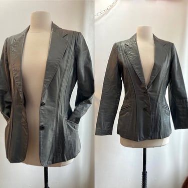 Vintage 70's Fitted  GRAY Leather Jacket Blazer / Slit Pockets / Two Button Closure / Casablanca For Guys - For Gals 