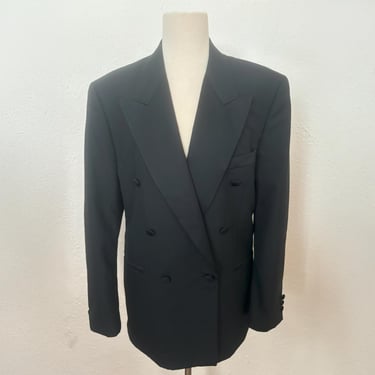 1990s Black Double Breasted Tuxedo Jacket by Gianelli, 43 R | 90s Vintage Poly Wool Blend and Satin Tux Jacket (50 Chest) 