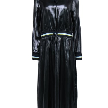 BCBG Max Azria - Black Faux Leather Drawstring Maxi Dress w/ Striped Trim Sz L