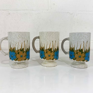 Vintage Set of 3 Pedestal Mugs Floral Stoneware Glazed Pottery Mug Green Blue Boho Flower Power Stacking Retro 1970s 70s 