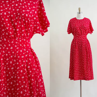 red midi skirt set | 80s vintage bright red abstract geometric pattern midi skirt and short sleeve shirt set 