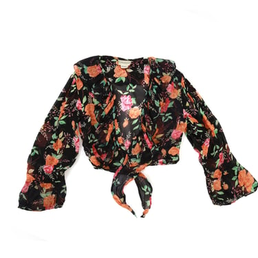 90s sheer floral crop top tie ruffle blouse 