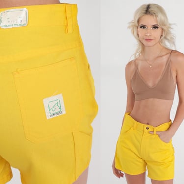 Bright Yellow Shorts 70s Cargo Shorts Deadstock High Waisted Rise Carpenter Summer Bottoms Cotton Denim Vintage 1970s Fawn Grove Small 28 