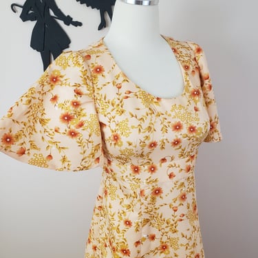 Vintage 1960's Floral Maxi Dress / 70s Yellow Orange Dress XS/S 