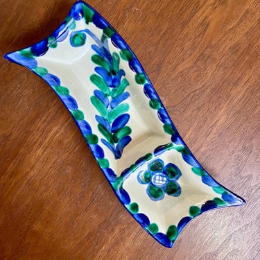 Antonio Ortiz Ruiz Hand Painted Art Pottery Appetizer Divided Dish | Blue Green, Floral | Made in Spain Studio Pottery 